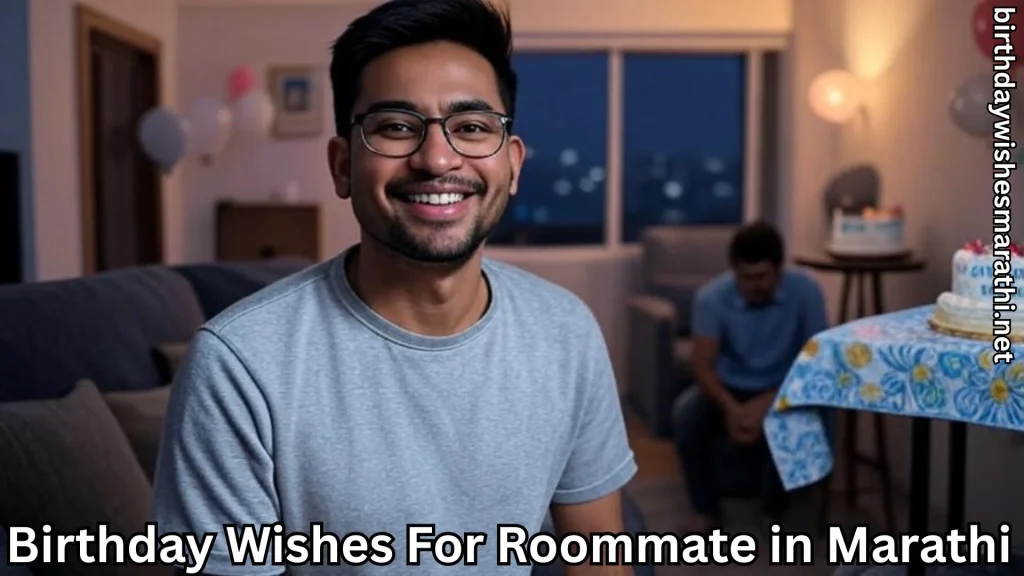 Smiling man with glasses in decorated room, birthday cake on table