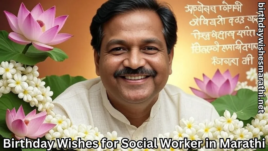 Smiling man with lotus flowers and birthday wishes for social worker in marathi text overlay