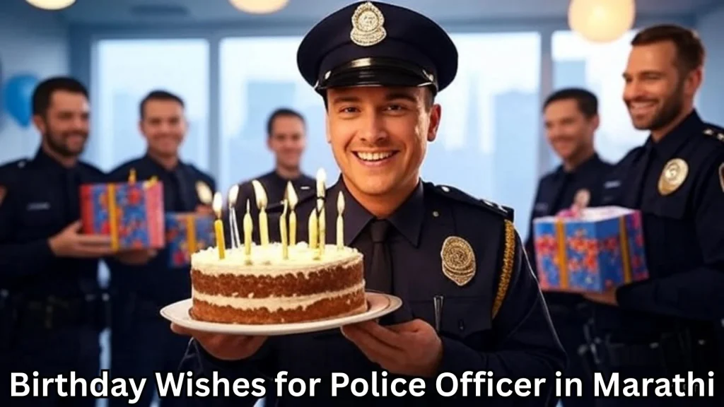 Smiling officer holding cake, with team holding presents behind