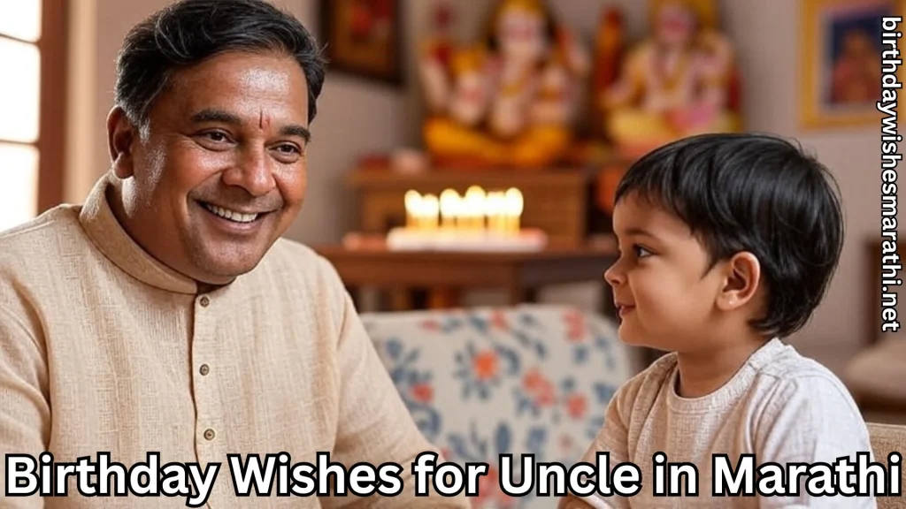 Smiling uncle with child at home, birthday wishes for uncle in Marathi text overlay