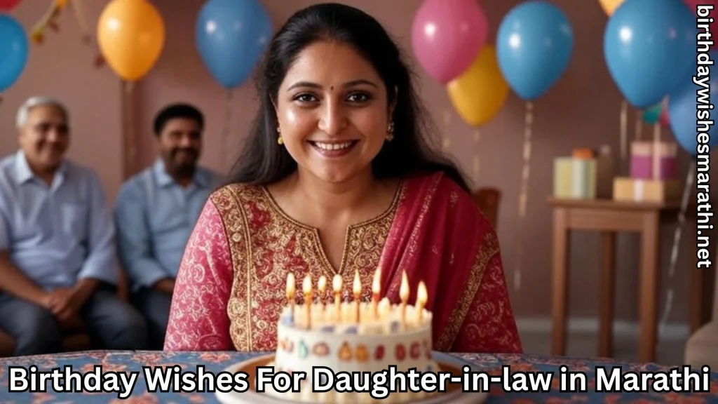 Smiling woman in traditional dress with birthday cake and balloons