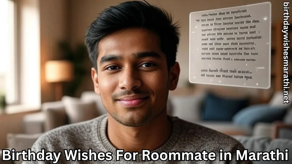 Smiling young man with birthday wishes for roommate in marathi text in background