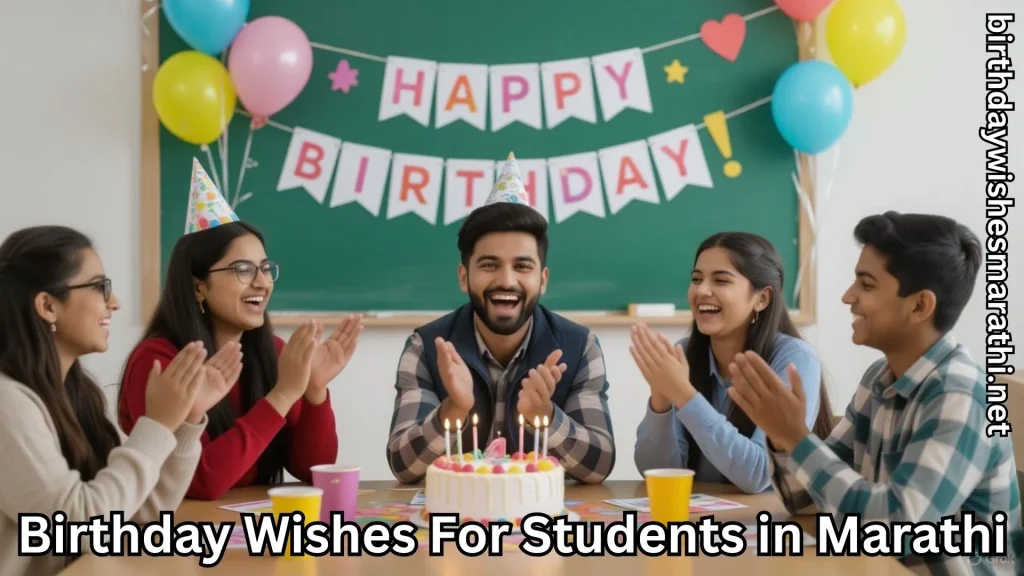 Student birthday celebration in classroom with party hats and cake