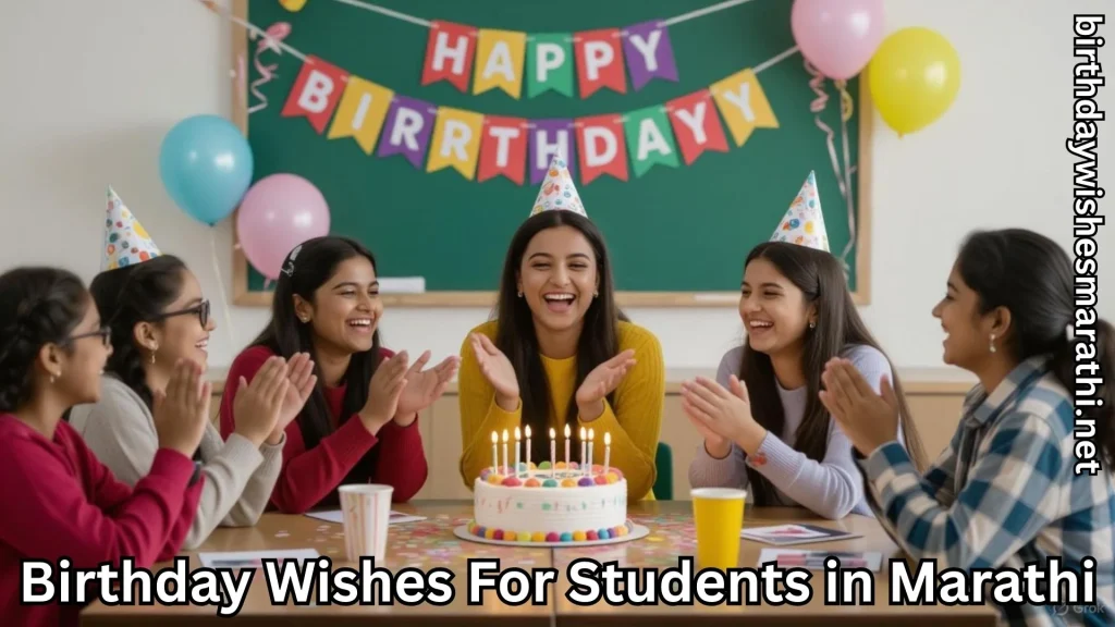 Teen girls clapping for birthday girl birthday wishes for students in marathi text overlay