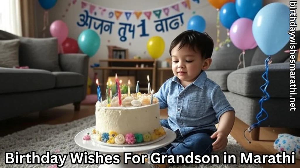 Toddler near birthday cake and balloons