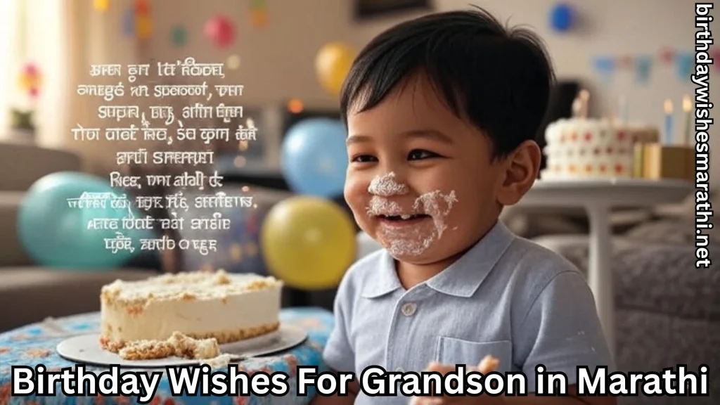 Toddler near birthday cake and balloons