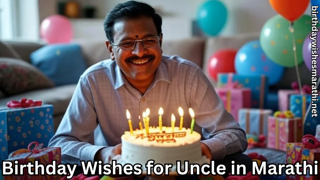 Uncle smiling with cake and birthday wishes for uncle in Marathi text overlay