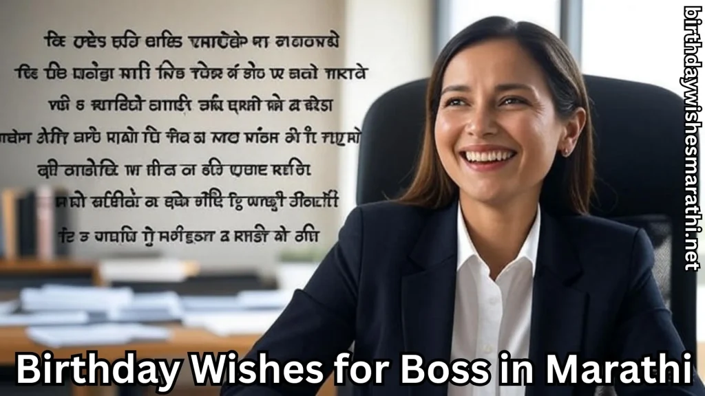Woman boss smiling and birthday wishes for boss in Marathi text overlay