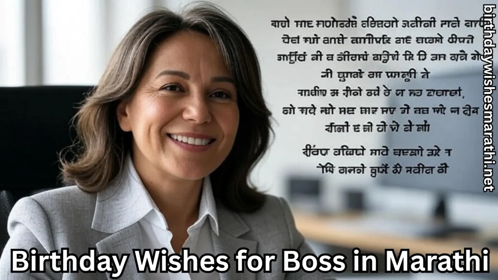 Woman boss smiling with Punjabi birthday poem in background