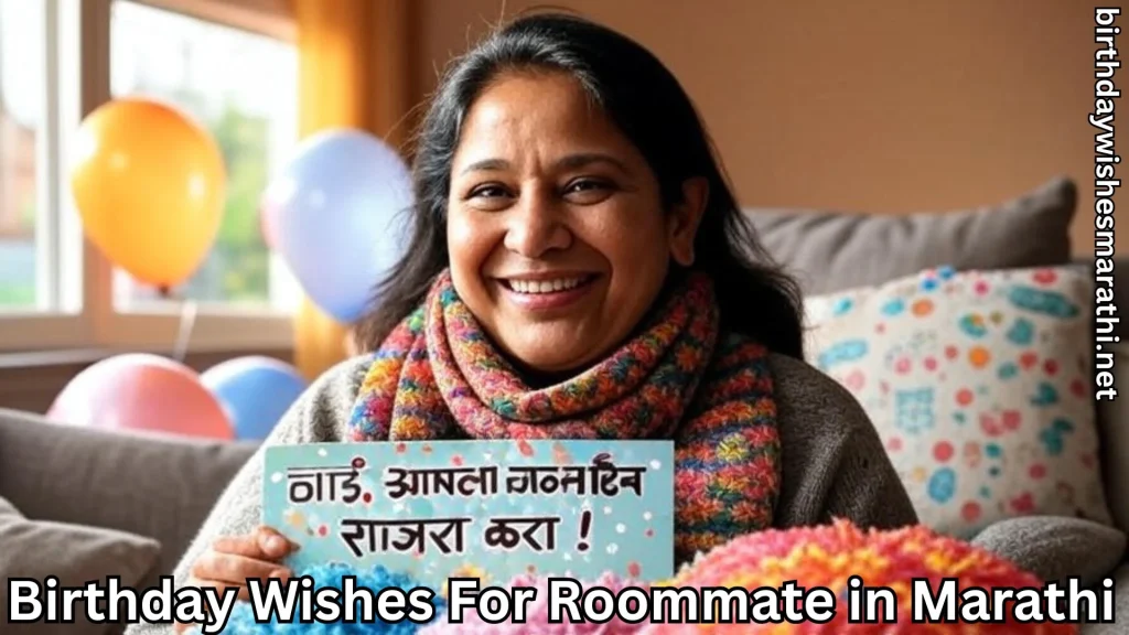 Woman holding Marathi birthday card with balloons in background