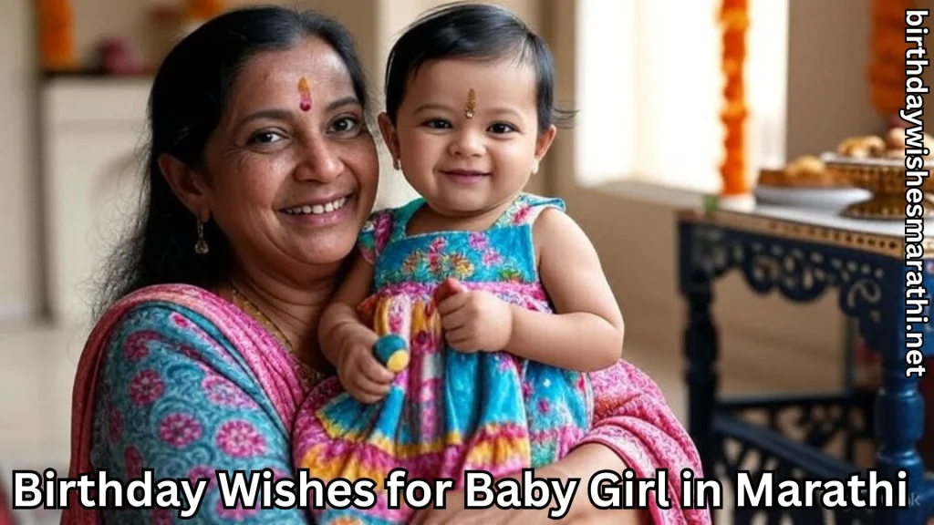 Woman holding baby girl and birthday wishes for baby girl in marathi text overlay