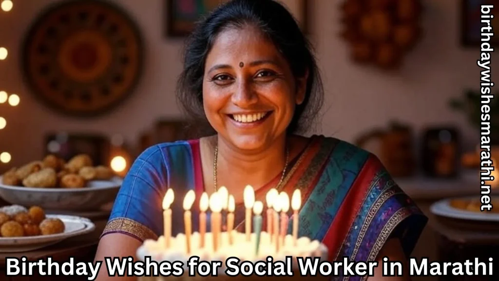 Woman in saree smiling near cake with birthday lights in background