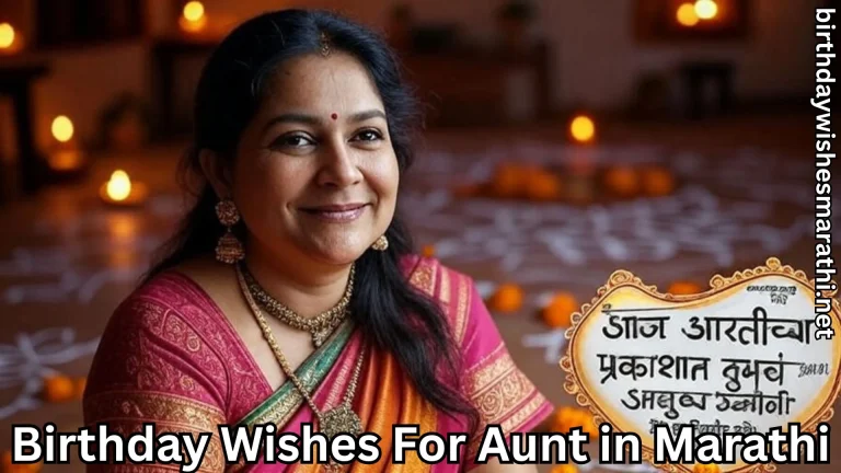 Woman in saree with diya lights and birthday wishes for aunt in marathi text overlay
