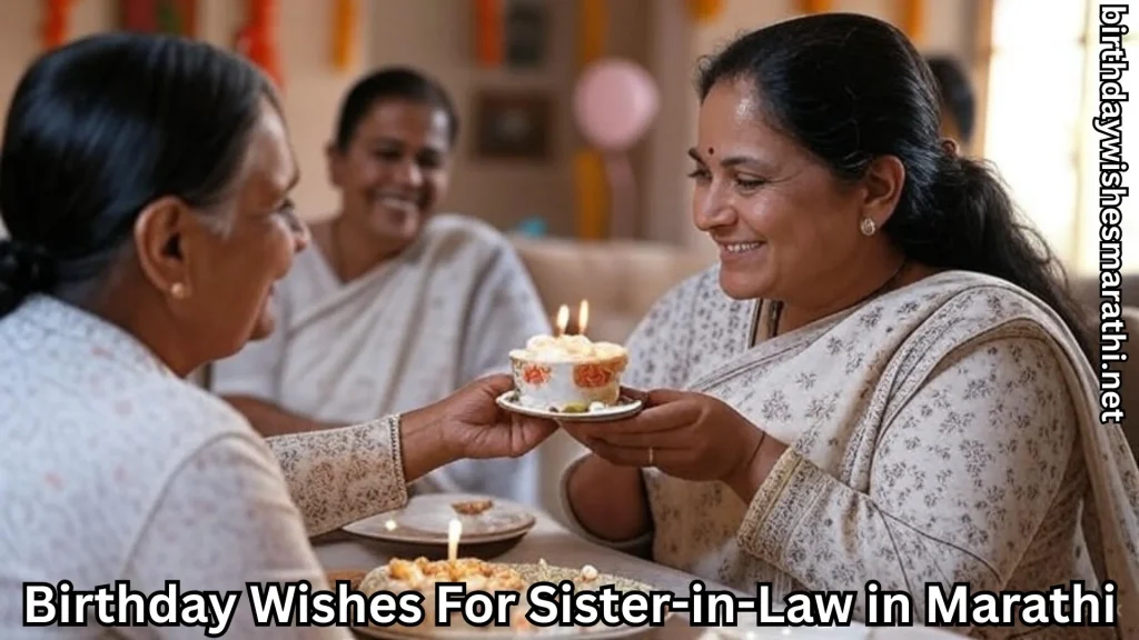 Woman offering birthday cupcake with birthday wishes for sister-in-law in marathi text overlay