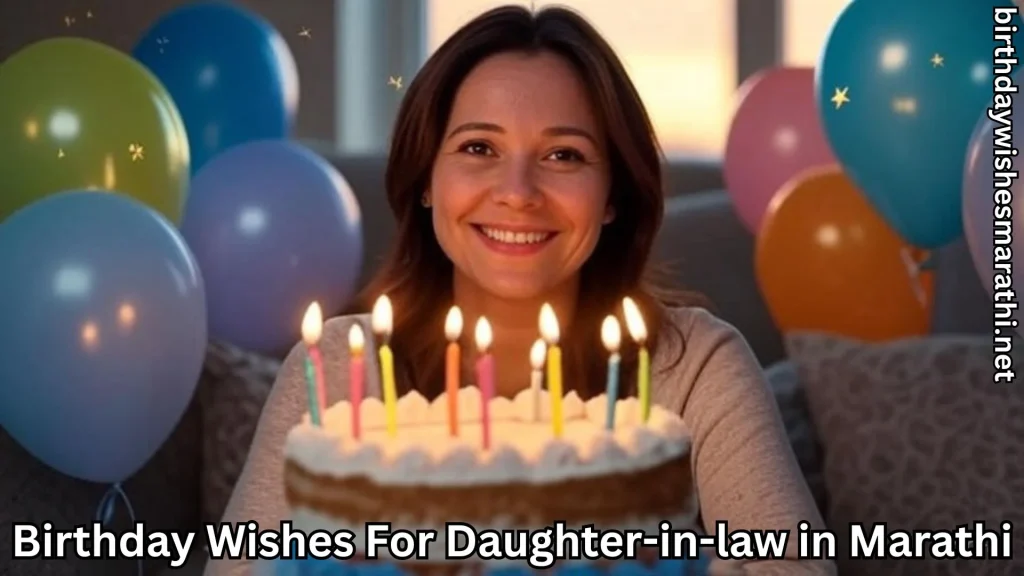 Woman smiling with birthday cake and colorful balloons behind her