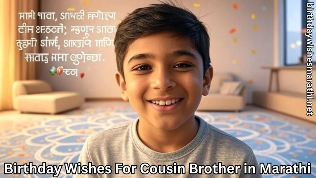 Young boy smiling with Marathi birthday message for cousin brother