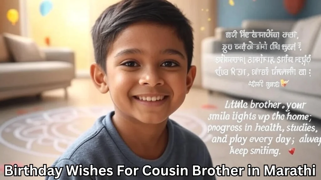 Young cousin boy smiling with birthday wishes for cousin brother in marathi text overlay
