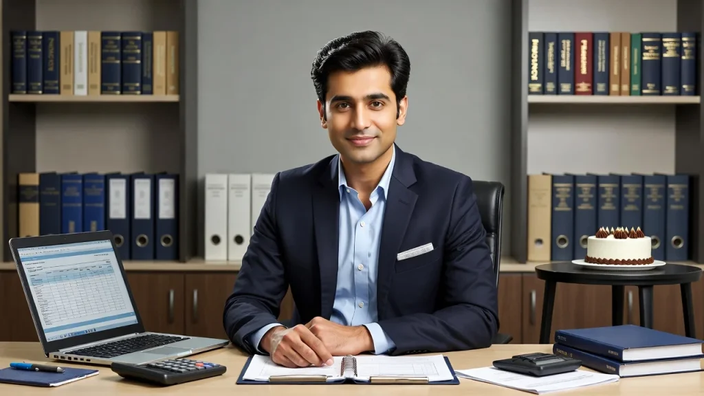 Accountant at desk with files and birthday cake nearby