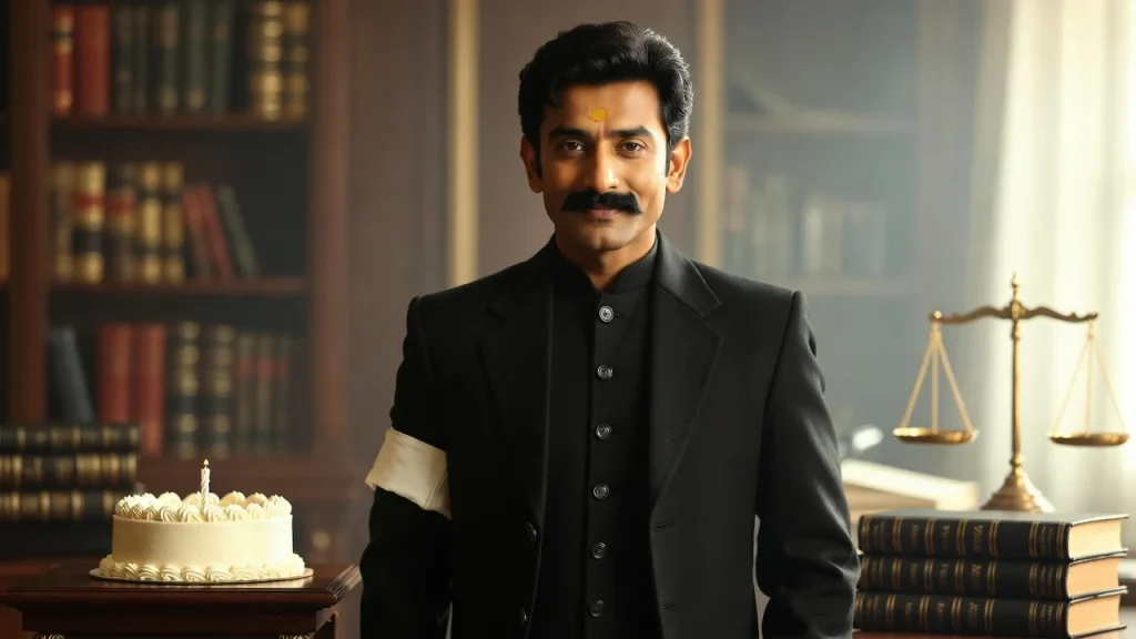 Advocate in black coat beside cake in law office