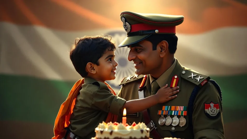 Army father with child near cake and Indian flag backdrop