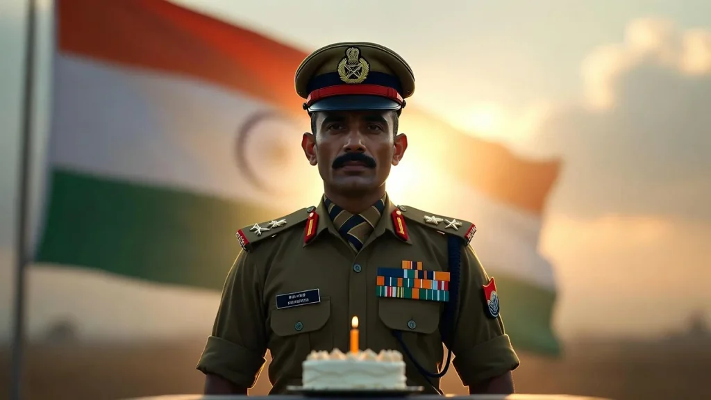 Army officer at sunset with cake and birthday wishes for army man in marathi text
