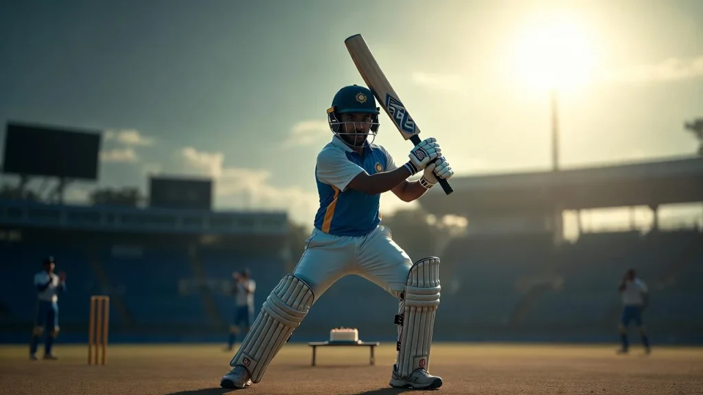 Batsman ready to play shot at stadium and birthday wishes for cricketer in marathi text