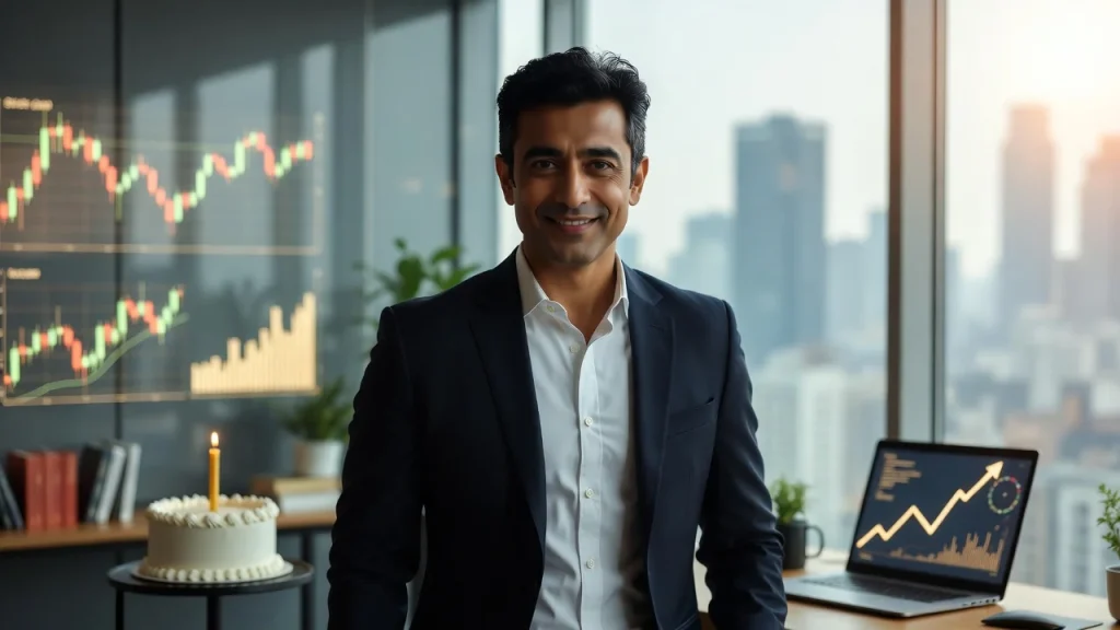 Businessman by charts and cake in office celebration