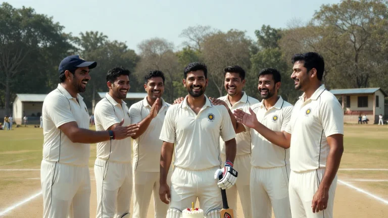 Cricket team celebrating player with cake on ground