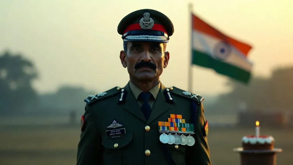 Decorated officer standing by flag with birthday cake