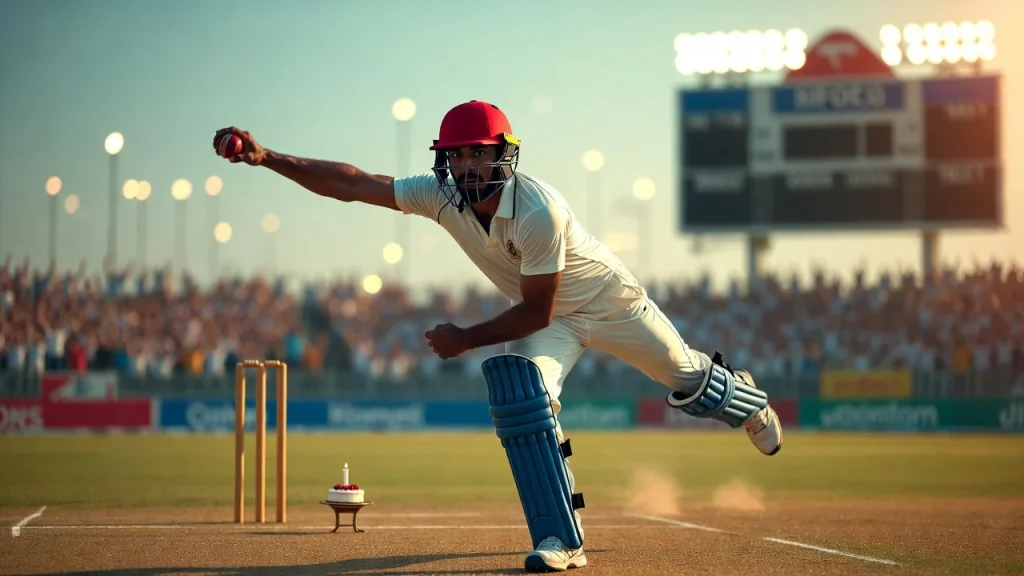 Fast bowler delivering ball with cake near stumps