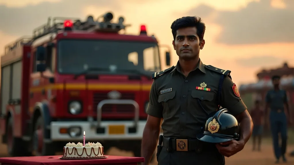 Firefighter in uniform holding helmet near truck and cake