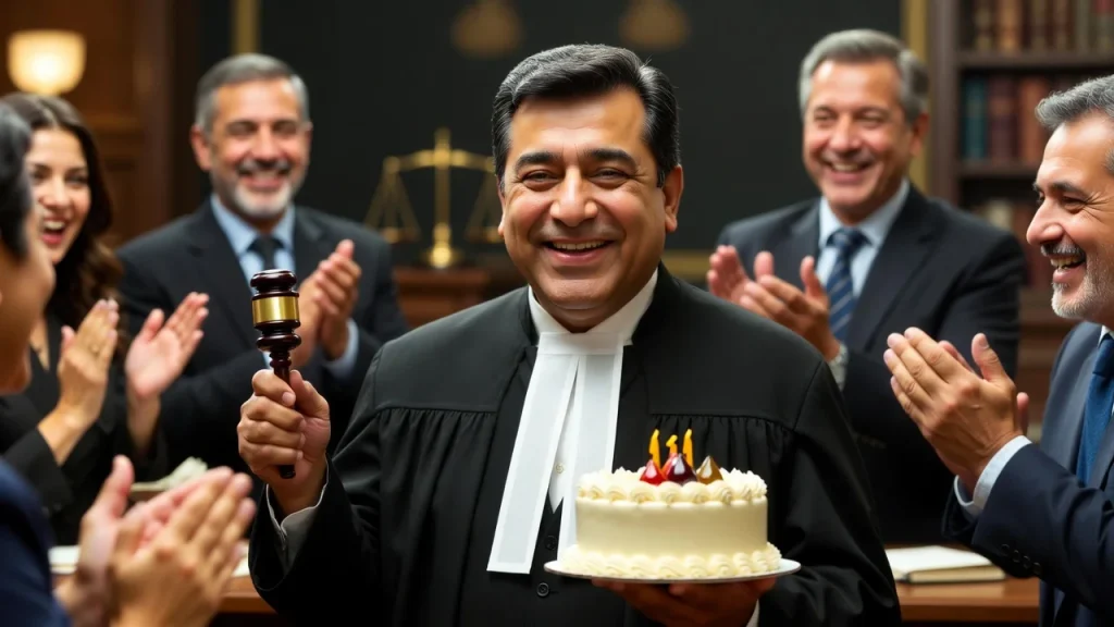 Judge with gavel and cake and birthday wishes for lawyer in marathi text