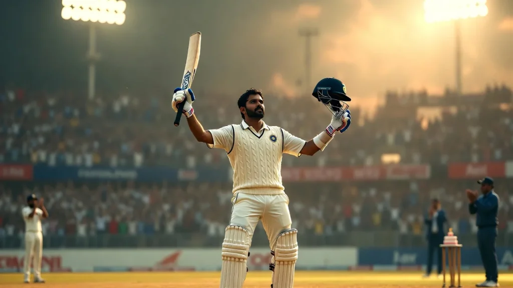 Man raising bat in stadium and birthday wishes for Cricketer in marathi text