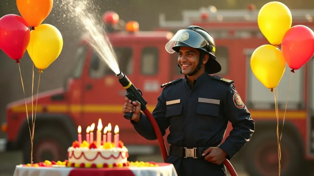Man spraying hose beside cake and birthday wishes for firefighter in marathi text