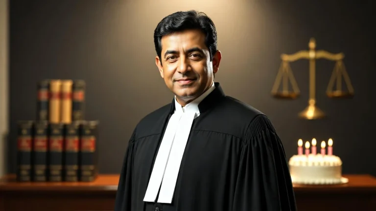 Senior lawyer in robes with cake and scales of justice