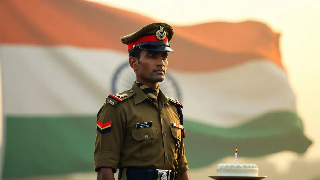 Soldier with cake before flag and birthday wishes for army man in marathi text
