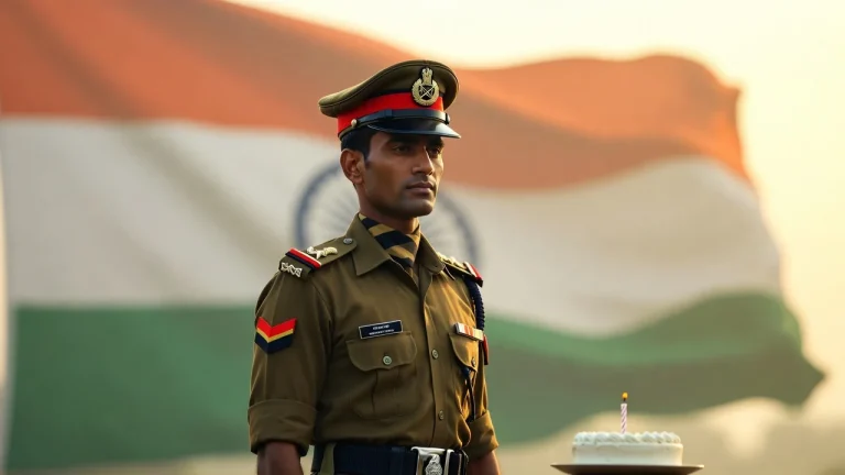 Soldier with cake before flag and birthday wishes for army man in marathi text