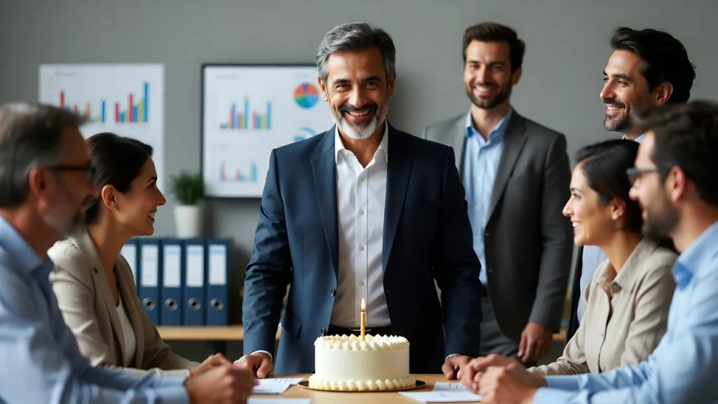 Team celebrating boss with cake and birthday wishes for accountant in marathi text