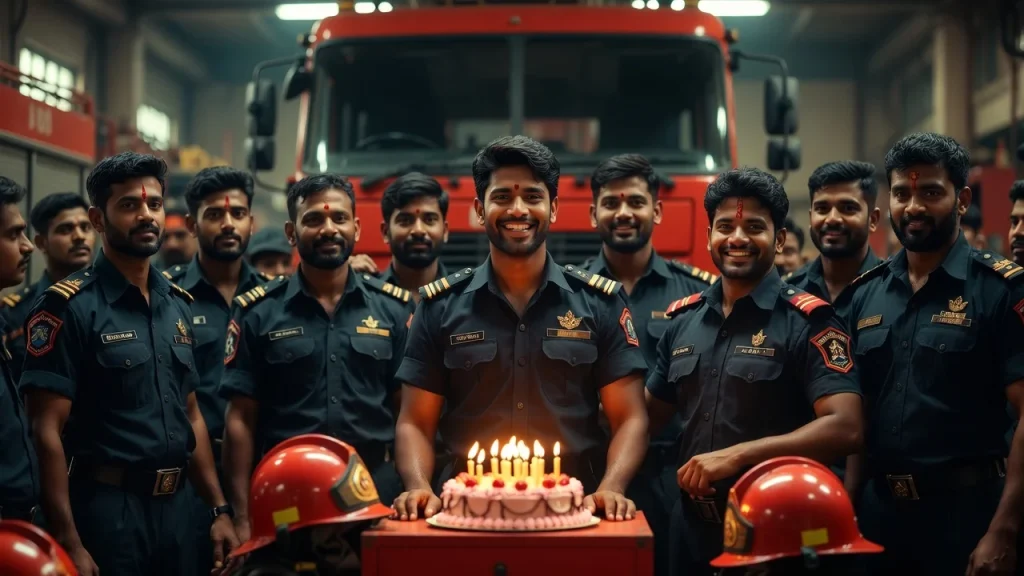 Team celebrating with cake and birthday wishes for firefighter in marathi text