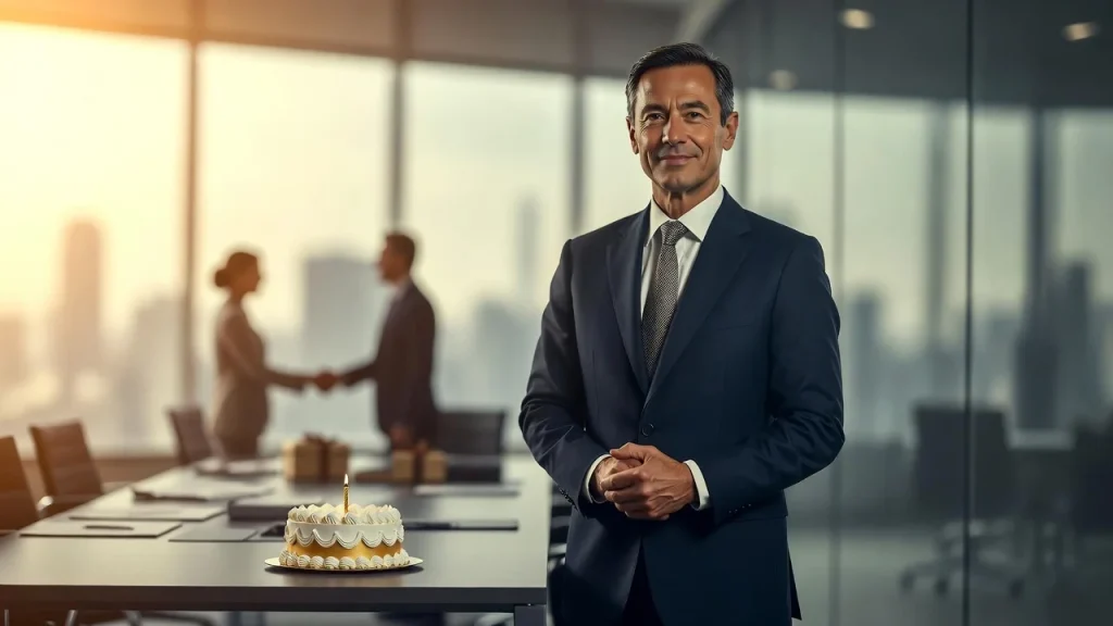 Businessman with cake in office and birthday wishes for client in marathi text