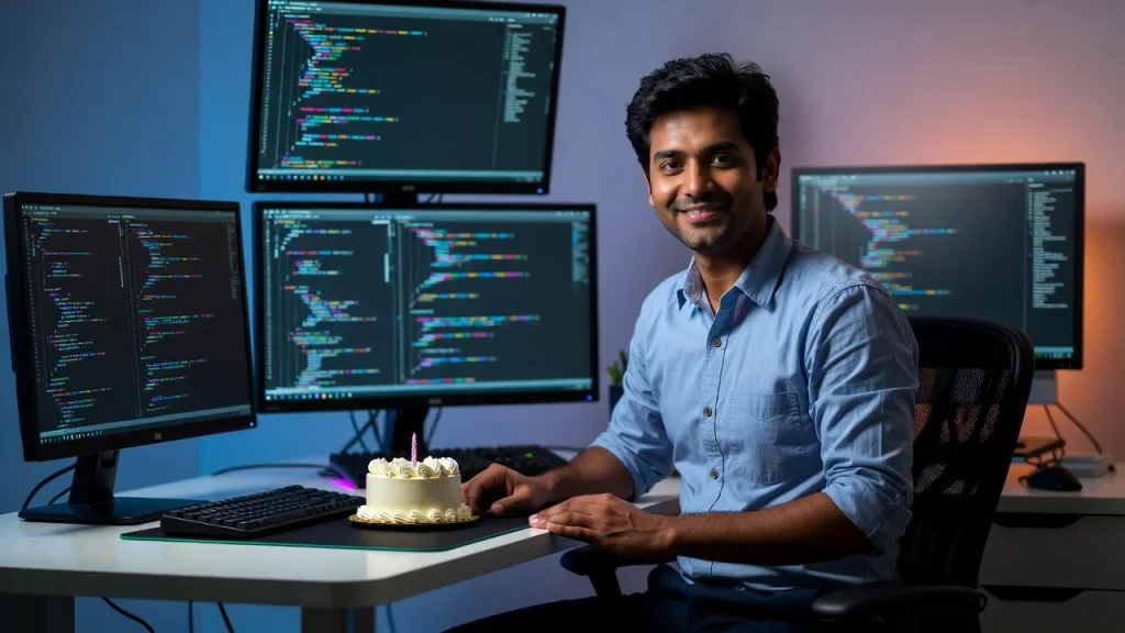 Coder with cake at desk and birthday wishes for developer in marathi text