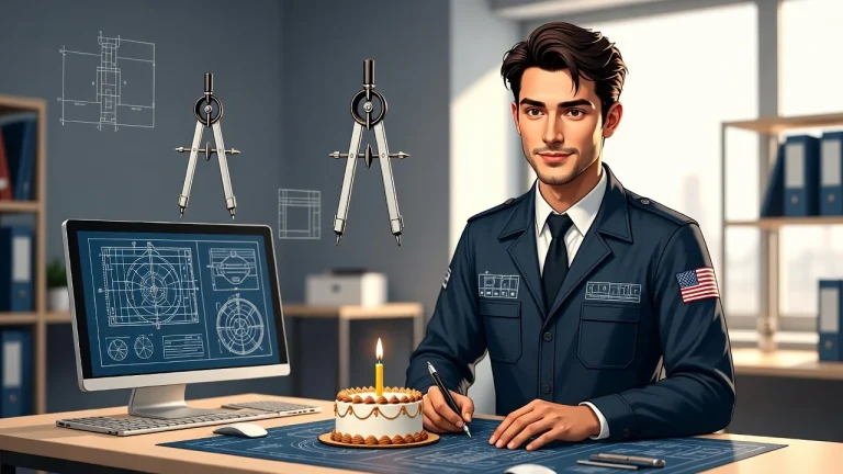 Engineer drafting at computer with birthday cake on desk