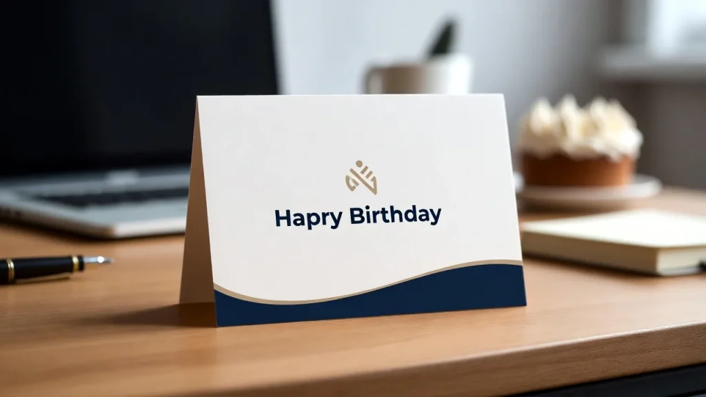 Happy Birthday card on desk with cake in background