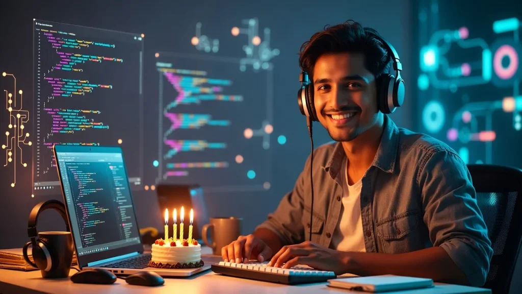 Smiling man with laptop cake and birthday wishes for developer in marathi text