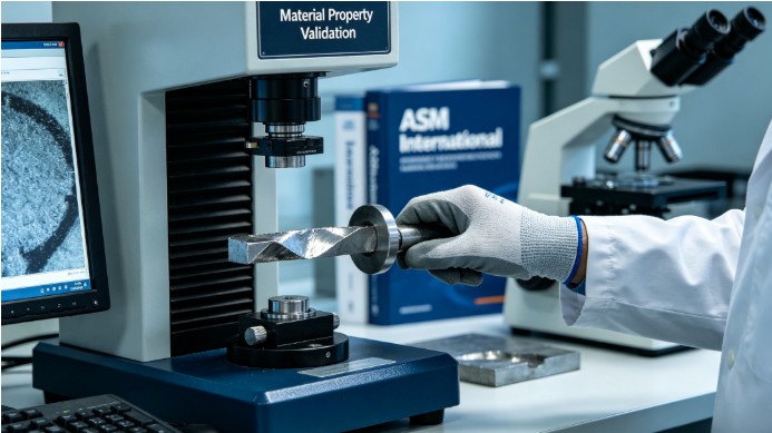 Close-up, realistic shot in a materials testing lab, showing an engineer's gloved hand operating a universal testing machine with a deformed metal specimen clamped, with the ASM International handbook and a metallurgical microscope visible, labeled "Material Property Validation".