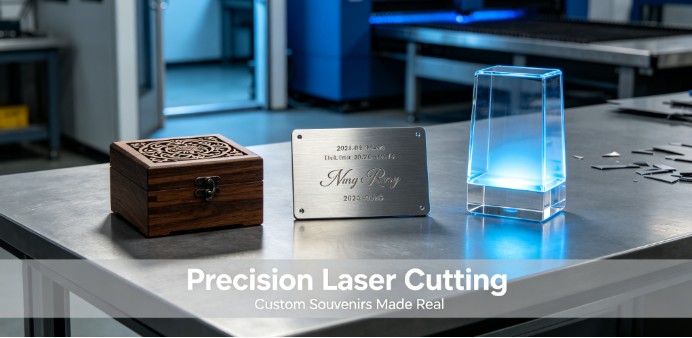 Precision laser cut custom souvenirs including a wooden music box, brushed metal nameplate, and glowing acrylic lamp displayed on a professional workshop table.